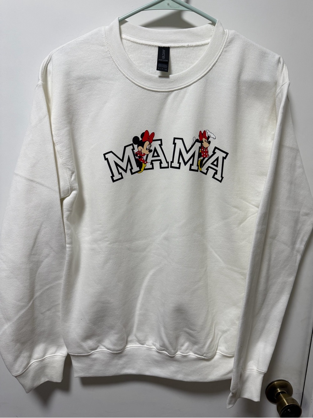 Gildan White "MAMA" Crewneck Sweatshirt with Minnie Accents